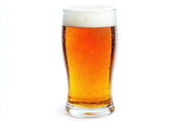 Glass of cold beer with foam, bubbles in drink, isolated on white background, ai