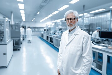 A senior scientist stands in a laboratory analyzing medical research data with modern technology.