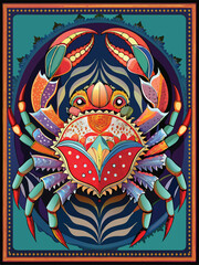 Fototapeta premium A Colorful and Ornate Crab in a Framed Illustration