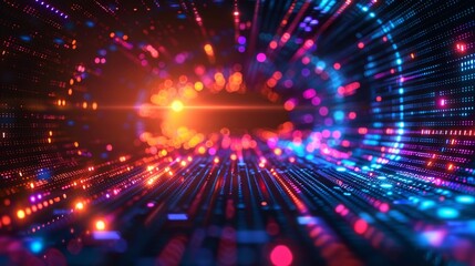 Obraz premium Abstract digital background with multicolored light paths resembling a tunnel on a dark background. Dynamic and bright, evoking a sense of movement and depth.