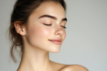 A close up of a girl's face with her eyes closed