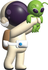 3d kawai cute illustration of astronaut lifting baby alien