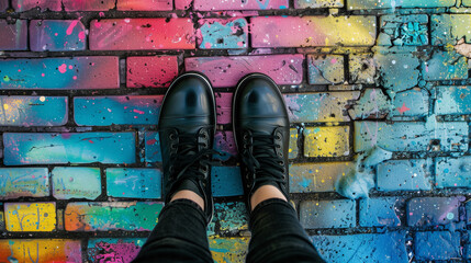 Black leather sneakers on colorful graffiti background