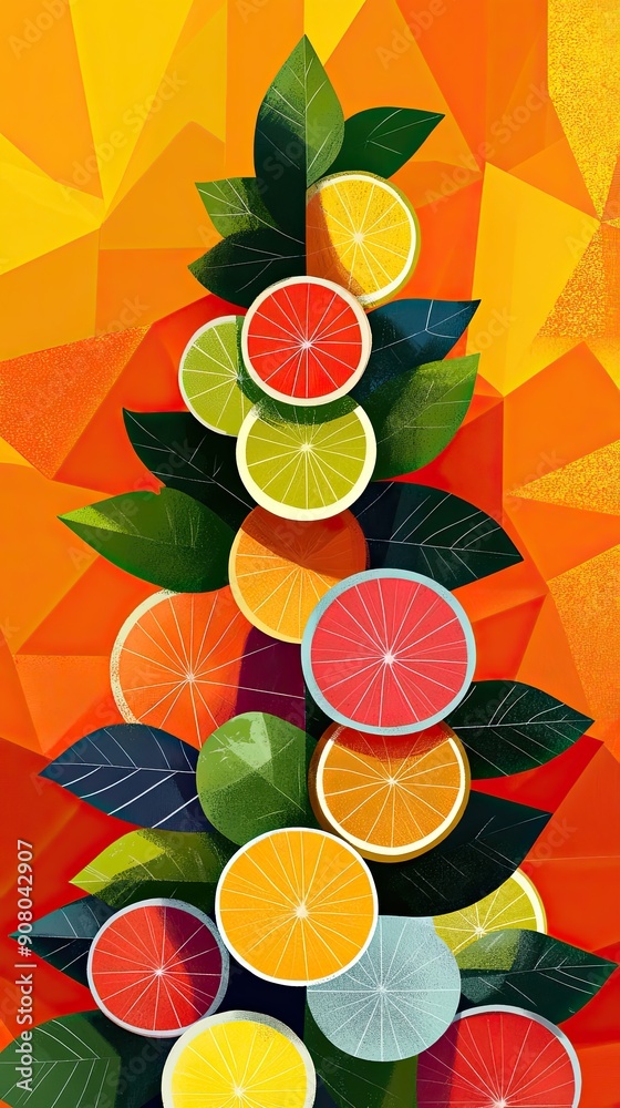 Sticker Colorful Citrus Tower with Leaves and Geometric Background