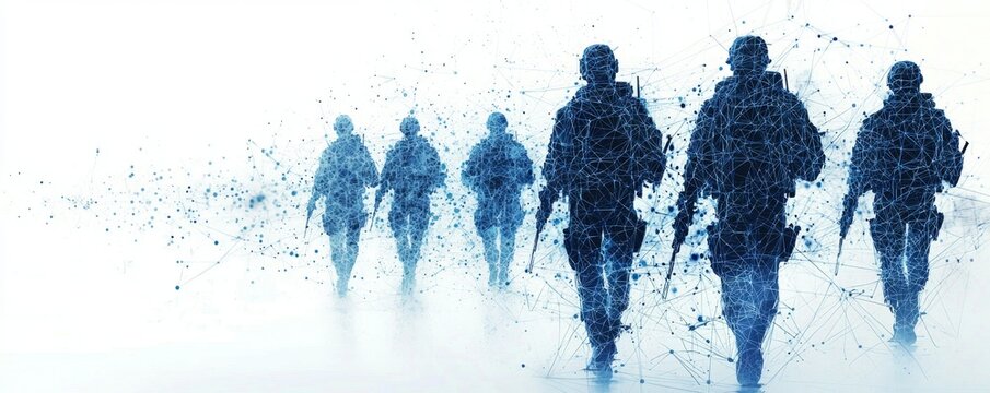 Digital illustration of wireframe soldiers marching in formation with a tech-inspired background