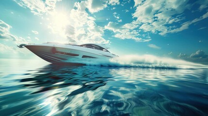 Fototapeta premium A sleek boat glides over tranquil waters, leaving a frothy wake under a bright sun, surrounded by a beautiful sky and calm sea.
