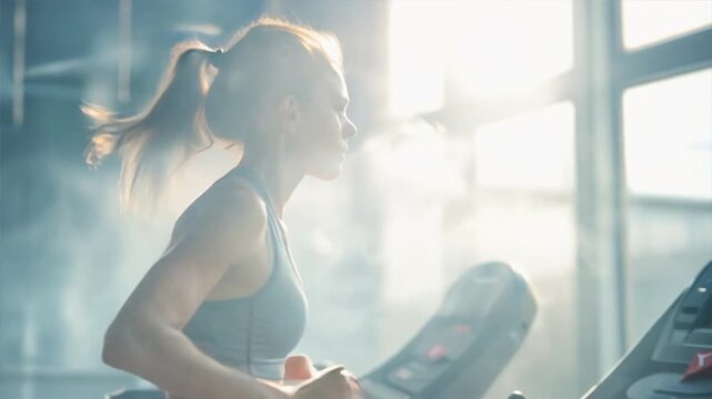 Athlete exercising indoors on a treadmill to avoid outdoor air pollution, prioritizing health and fitness in polluted environments.