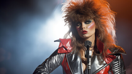 Fototapeta premium Glamorous Woman in 1980s Rock Star Attire Striking a Pose on Stage with Metallic Leggings and Big Hair