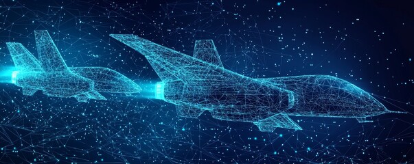 Wireframe illustration of stealth drones flying in formation with digital network background