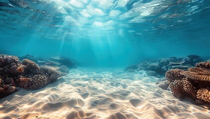 Underwater view of the ocean floor with sand and small rocks.