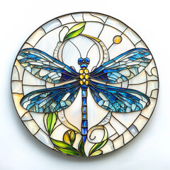 Stained glass style round mandala of a detailed blue dragonfly , isolated on a white background.	