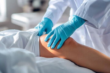 Doctor's hands in blue gloves examines the knee joint of his patient.