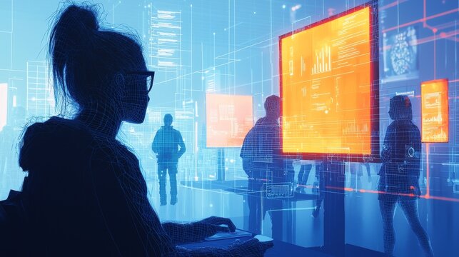 Students interacting in a futuristic digital learning environment with holographic displays