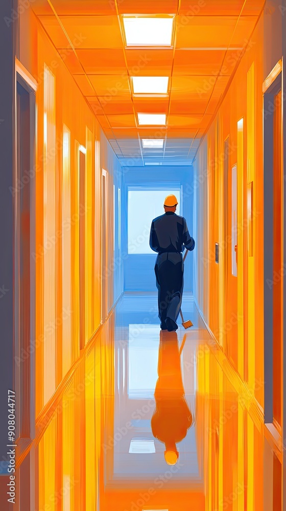 Wall mural Abstract Corridor with Worker in Illuminated Hallway