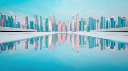 Create a stunning image of skyscrapers reflected in a calm body of water, highlighting the symmetry and clarity of the reflection.