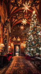 Obraz premium Grand Festive Hall with Ornate Christmas Decorations and Illuminated Tree in Historic Mansion