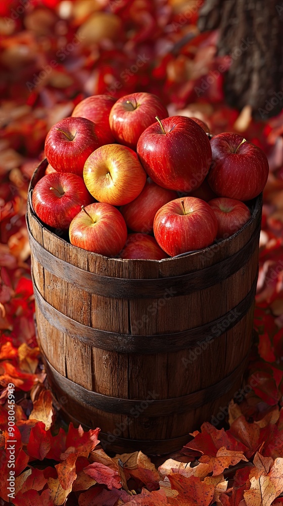 Poster Wooden Barrel Filled with Fresh Red Apples in Autumn