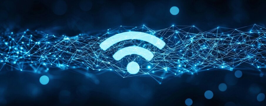 Wireframe Wi-Fi symbol on a network connection background representing internet and wireless communication