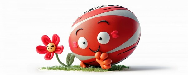 Adorable 3D cartoon basketball character smiling next to a cheerful flower, representing fun and friendship in sports.