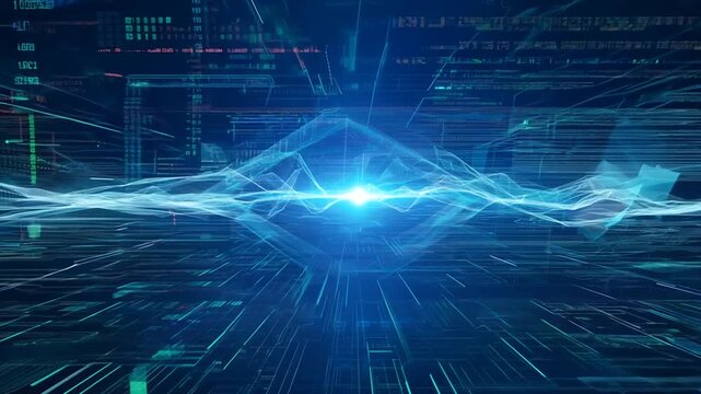Futuristic Abstract Digital Code Flythrough in Blue Scientific Network Generative AI