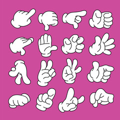 Cartoon white human hands in gloves gesture set. Hands show signs. Different hand positions. Vector icon set.