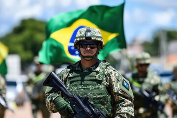 Brazilian Soldiers Parade With National Flags During Military Ceremony in Bright Daylight