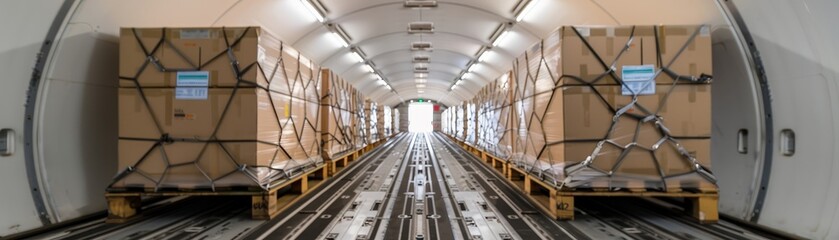 Airplane storage, interior of a cargo plane with pallets and containers secured, loading ramp in view