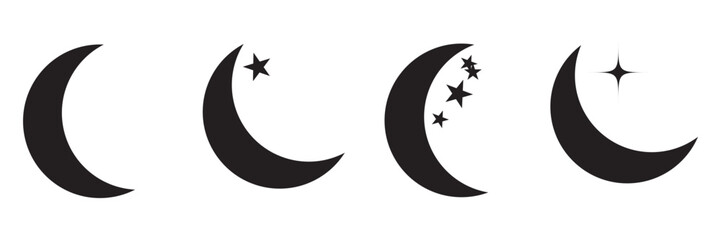 A set of black moon and sparkling starlight illustrations of various shapes.eps10