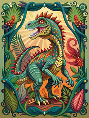 A Fierce Green Dinosaur Surrounded by Lush Jungle Foliage
