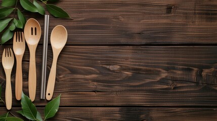 Biodegradable bamboo utensils and reusable metal straws arranged on a rustic wooden table with green leaves, symbolizing eco-friendly alternatives to plastic