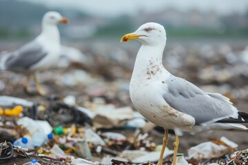 Obraz premium beach covered in plastic waste, seagulls searching for food, gloomy atmosphere, copy space for text