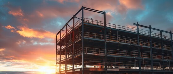 Fototapeta premium Large construction site with steel framework against a vibrant sunset sky.