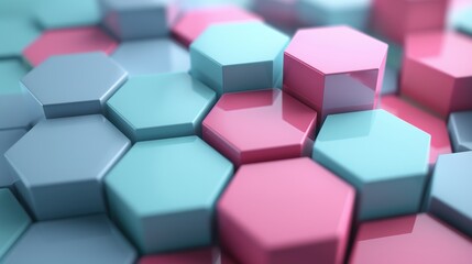 Obraz premium Close-up of a vibrant 3D hexagonal pattern in pastel colors, featuring blue, pink, and grey shades, creating a modern abstract design.
