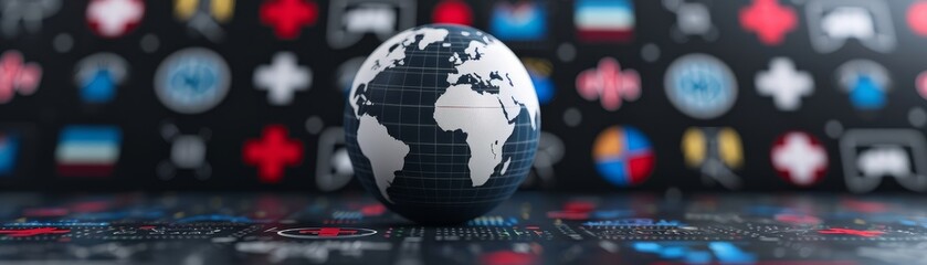 An artistic representation of a globe surrounded by sustainability symbols and health-related graphics, highlighting the importance of global health, copy space for text