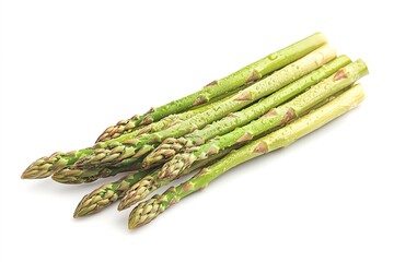Fresh green asparagus spears with water droplets on white background