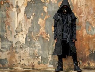 Medium shot of The man put on a black hood and an old, disheveled, torn cloak, black boots, and a black respirator mask, themed background, bright tonality, in the style of fashion photography.