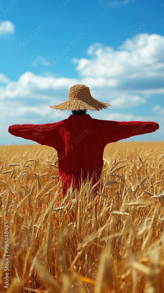 Sticker Scarecrow in Wheat Field Under Blue Sky