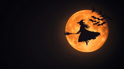 Fototapeta premium A witch flying on a broomstick across a full moon, with bats trailing behind her, high-resolution photo, realistic photo