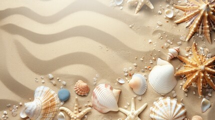 Summer vignette with seashells and pebbles on sandy background