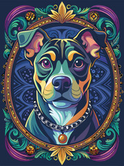 A Colorful Portrait of a Dog with Ornate Framing