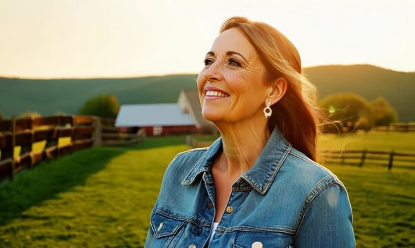 Lifestyle portrait video of a pleased woman in her 40s wearing a denim jacket against an equestrian or horse background