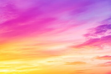 Orange, pink, purple and yellow fiery sunset - Fantasy vibrant panoramic sunset sky - Gradient rich colors - ethereal dreamy summer sunset or sunrise sky. Uplifting and peaceful sky, ai