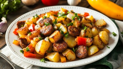 Sausage and potato hash with peppers. Savory sausage and potato hash with red and yellow peppers. A delicious and filling meal, perfect for breakfast or brunch.