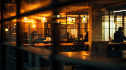 Blurred nighttime view of a restaurant through a window. A warm, inviting view into a restaurant at night, with soft lighting and the promise of a delicious meal.