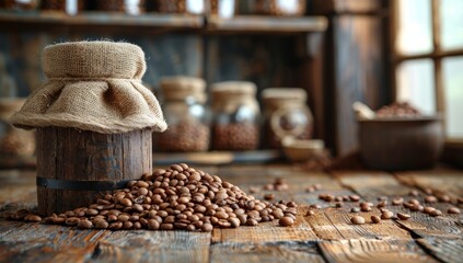 A wooden coffee grinder sits on a wooden table with a pile of coffee beans.