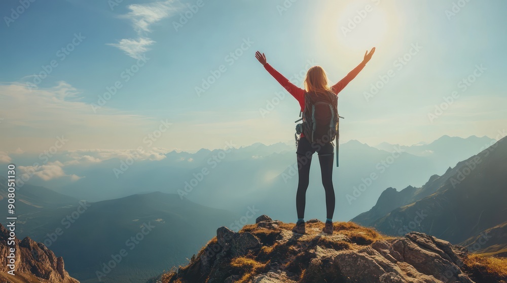 Wall mural a woman standing on a mountain peak, arms raised in triumph