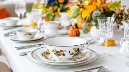 Elegant autumn table setting with floral centerpiece and pumpkins. Cozy and festive fall decor for family gatherings. Concept of Thanksgiving, warmth, and celebration