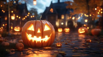 Obraz premium Halloween event background with charming upscale pumpkins glowing