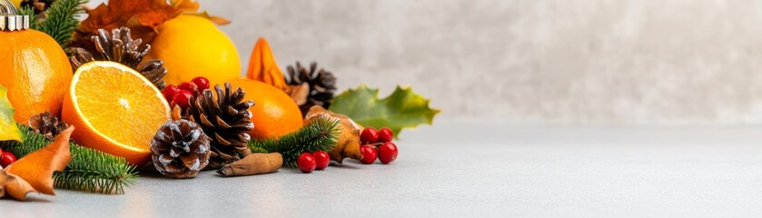 Festive Holiday Table Setting with Pine Cones and Oranges