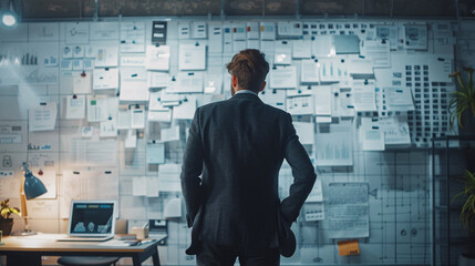 Businessman overwhelmed by a plethora of options displayed on a whiteboard in a modern office 
